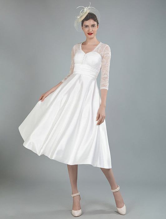 Short Wedding Dresses V Neck 3/4 Length Sleeves A Line Tea Length Traditional Bridal Dresses