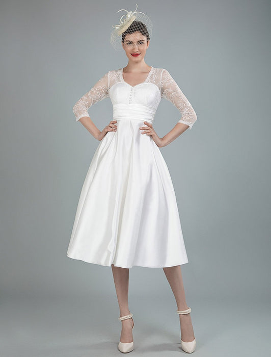 Short Wedding Dresses V Neck 3/4 Length Sleeves A Line Tea Length Traditional Bridal Dresses