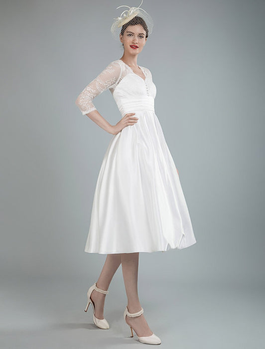 Short Wedding Dresses V Neck 3/4 Length Sleeves A Line Tea Length Traditional Bridal Dresses