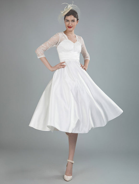 Short Wedding Dresses V Neck 3/4 Length Sleeves A Line Tea Length Traditional Bridal Dresses