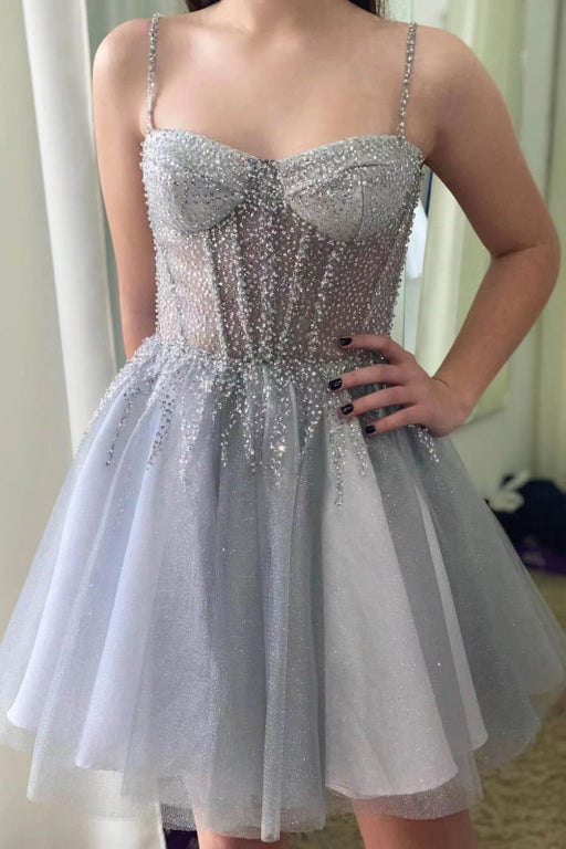 Silver Gray Sleeveless Short Prom Dress with Tulle and Sequins