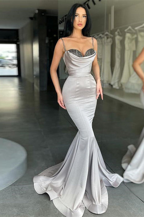 Silver Gray Spaghetti-Straps Sequins Mermaid Prom Dress