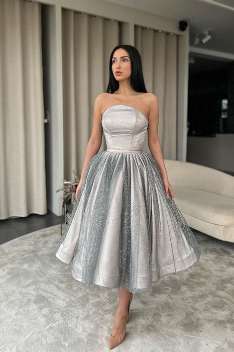 Silver Strapless Short A-Line Prom Dress with Sequins