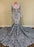 Silver V-Neck Long Sleeves Sequins Lace Mermaid Prom Dress with Flower Bottom