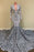 Silver V-Neck Long Sleeves Sequins Lace Mermaid Prom Dress with Flower Bottom