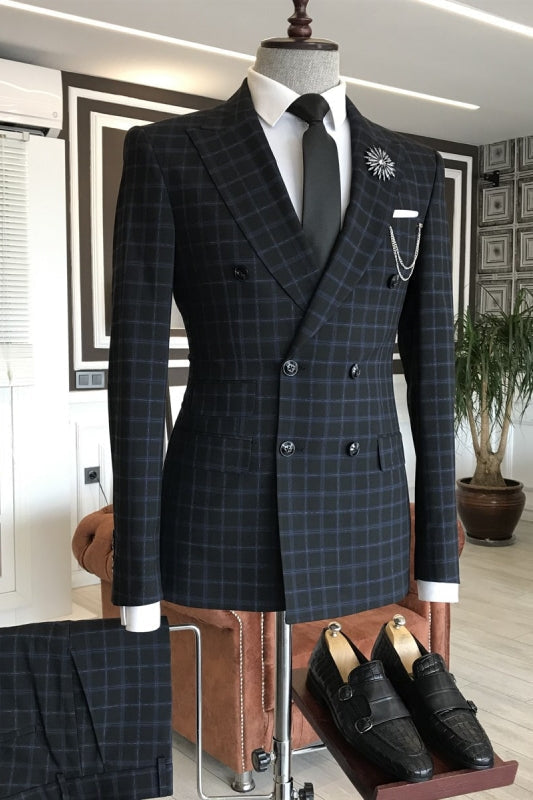 Gustave Simple Black Peaked Lapel Double Breasted Business Suits With Gray Plaid