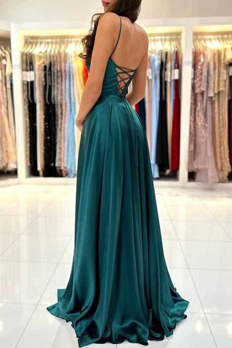 Simple Green A Line Split Long Prom Formal Dress