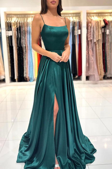 Simple Green A Line Split Long Prom Formal Dress