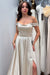 Simple Off-the-Shoulder Ruffle Satin Long Evening Dress with Side Split