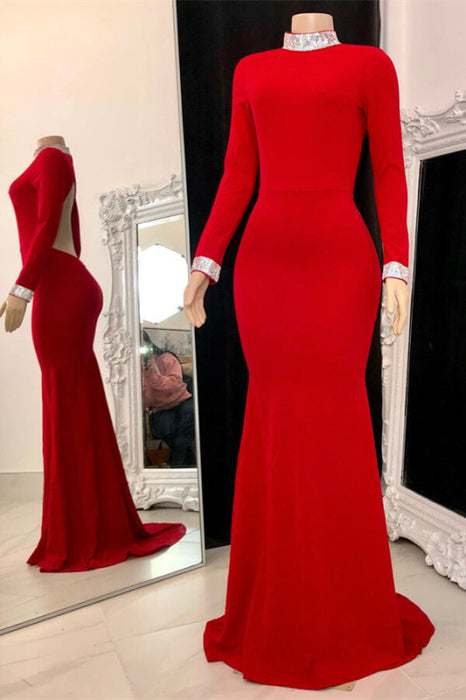 Simple Red Long Sleeve Open-Back Mermaid Prom Dress