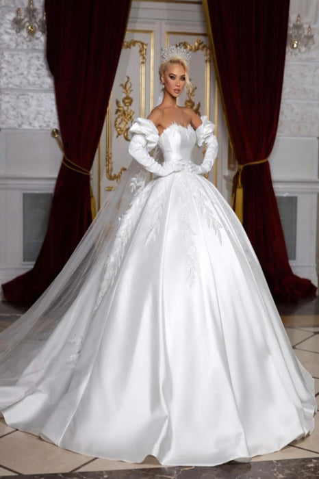 Simple Sweetheart Off-The-Shoulder A-line Appliques Lace Ruched Satin Wedding Dress - wedding dress