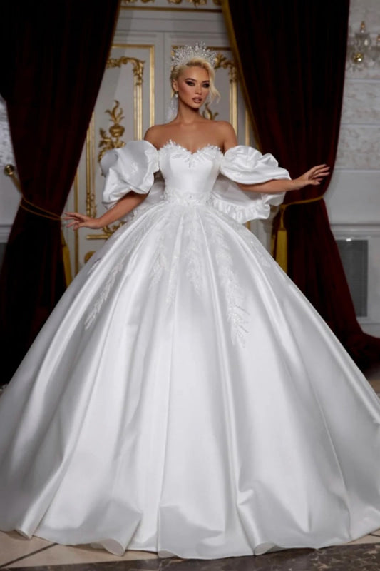 Simple Sweetheart Off-The-Shoulder A-line Appliques Lace Ruched Satin Wedding Dress - wedding dress