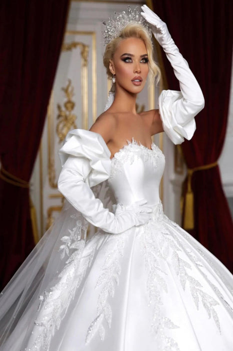 Simple Sweetheart Off-The-Shoulder A-line Appliques Lace Ruched Satin Wedding Dress - wedding dress