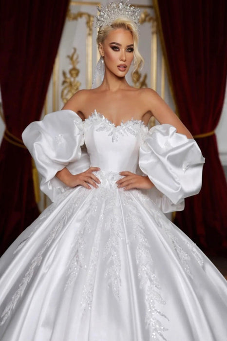 Simple Sweetheart Off-The-Shoulder A-line Appliques Lace Ruched Satin Wedding Dress - wedding dress