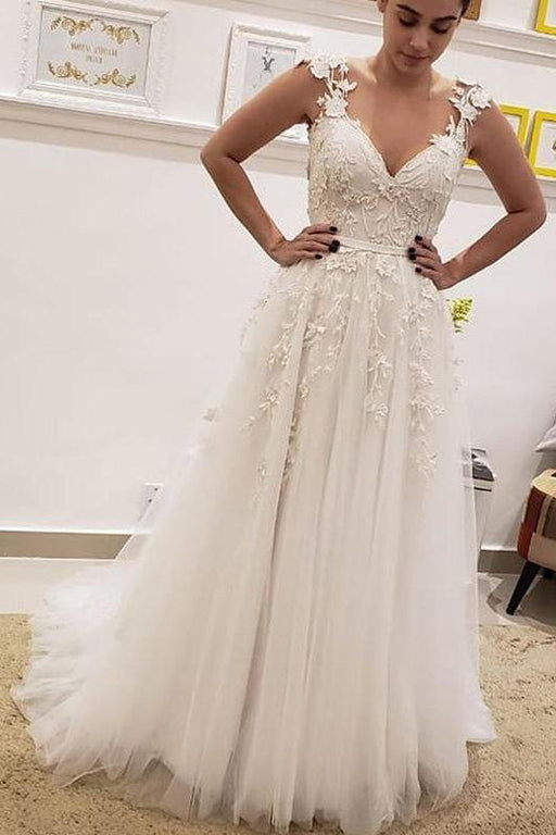 Simple Tulle Lace Illusion Back A-Line A Line V Neck Wedding Dress - Wedding Dresses