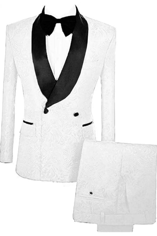 Maurice Simple White Double Breasted Jacquard Wedding Suits With Velvet Lapel