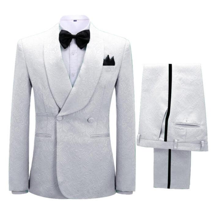 Tyrone Simple White Jacquard Shawl Lapel Double Breasted Wedding Suits