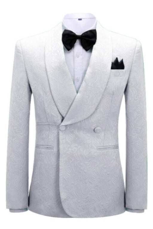 Tyrone Simple White Jacquard Shawl Lapel Double Breasted Wedding Suits