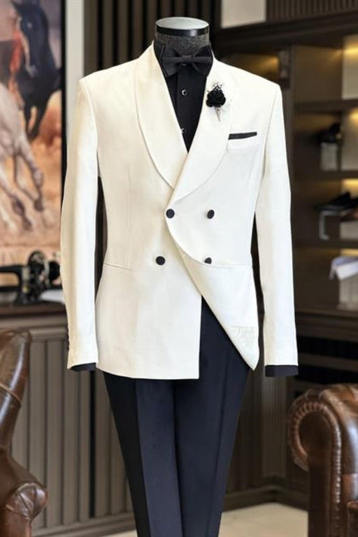 Aaron Simple White Shawl Lapel Double Breasted Wedding Suits For Men