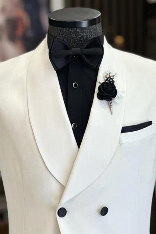 Aaron Simple White Shawl Lapel Double Breasted Wedding Suits For Men