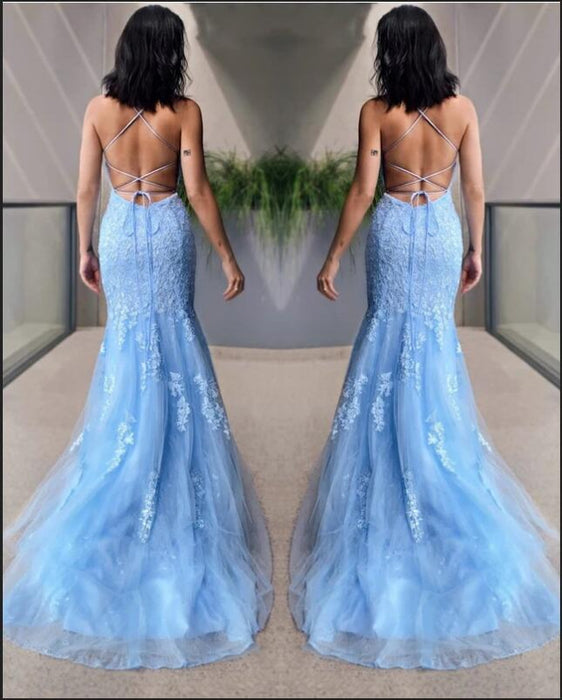 Sky Blue Halter Mermaid Prom Dress