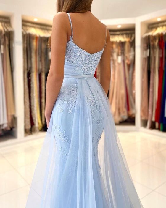 Sky Blue Lace Mermaid Prom Dress