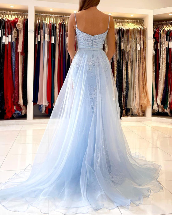 Sky Blue Lace Mermaid Prom Dress