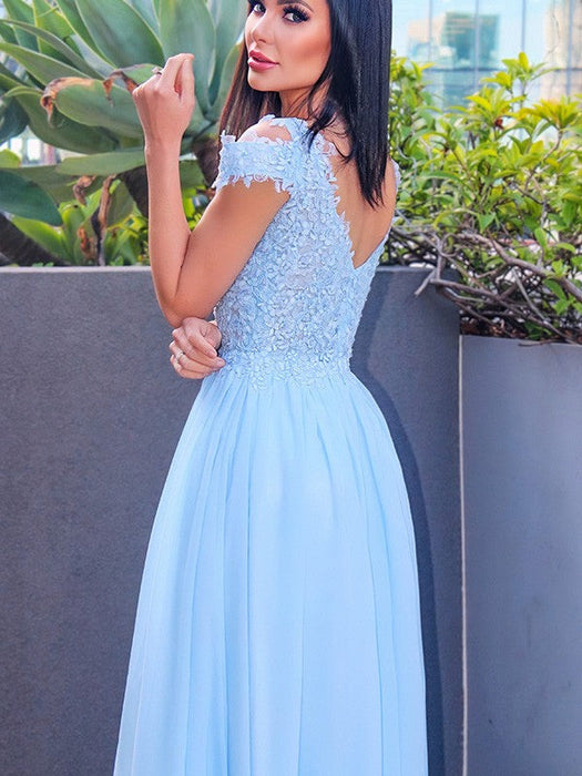 Sky Blue Long Prom Dress with Cap Sleeves and Slit