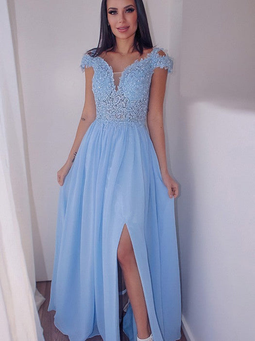 Sky Blue Long Prom Dress with Cap Sleeves and Slit