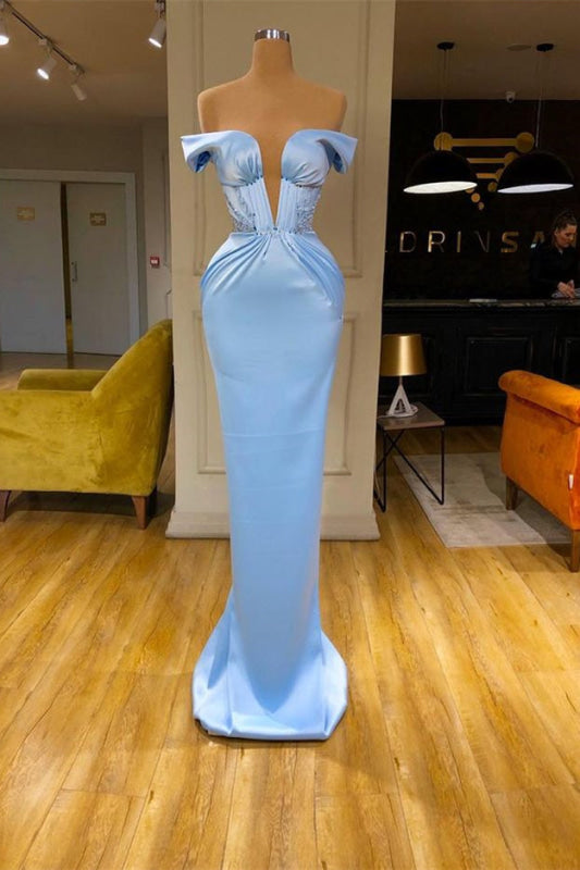 Sky Blue Off-the-Shoulder V-Neck Mermaid Prom Dress