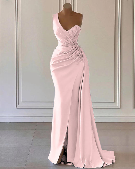 Sky Blue One-Shoulder Luxury Prom Dress Mermaid Split with Ruffles