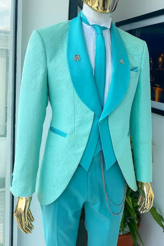 Aiden Newest Sky Blue Shawl Lapel Jacquard Wedding Suits For Men