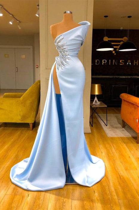 Sky Blue Sleeveless Long Mermaid Prom Dress With Beads