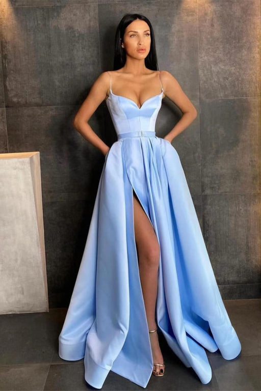 Sky Blue Spaghetti-Straps A-Line Prom Dress with Split and Pockets