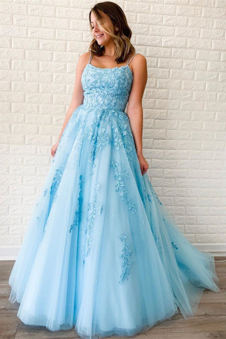 Sky Blue Spaghetti-Straps Appliqued Evening Dress