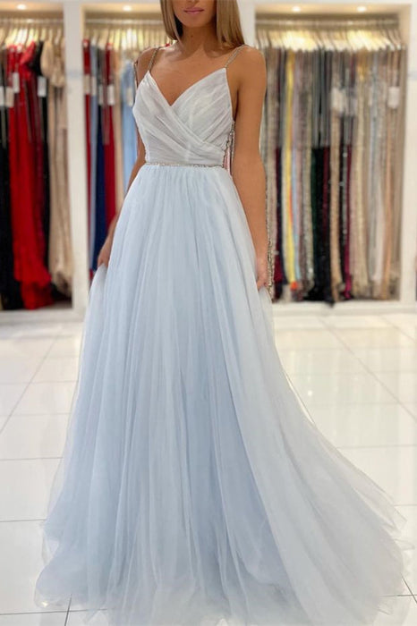 Sky Blue Tulle Long Prom Dress With Beads