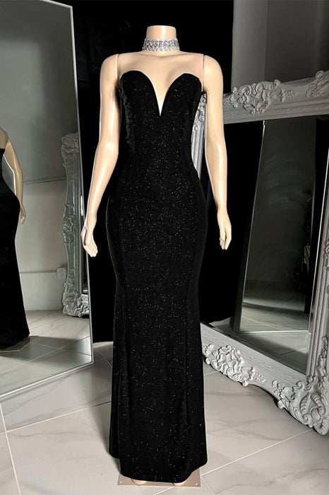 Sleeveless Black V Neck Mermaid Prom Dress Sequins Strapless