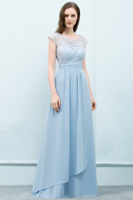 Bridelily Affordable Lace Sleeveless Blue Bridesmaid Dresses With Scoop Cap