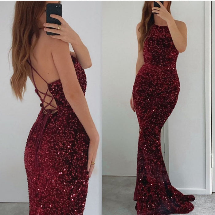 Sleeveless Burgundy Mermaid Prom Dress With Sequins