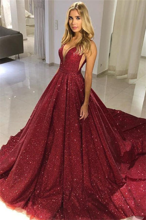 Sleeveless Burgundy Sequins Evening Dress