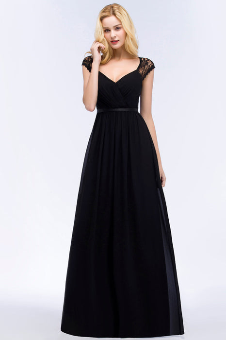 Bridelily Elegant Lace Black V-Neck Sleeveless Bridesmaid Dress with Hollowout Back