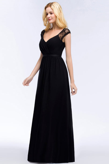 Bridelily Elegant Lace Black V-Neck Sleeveless Bridesmaid Dress with Hollowout Back