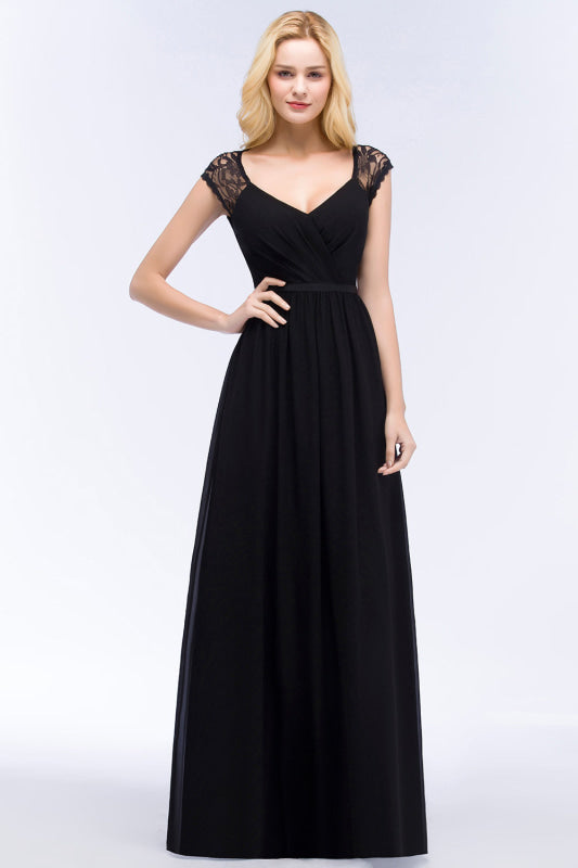 Bridelily Elegant Lace Black V-Neck Sleeveless Bridesmaid Dress with Hollowout Back