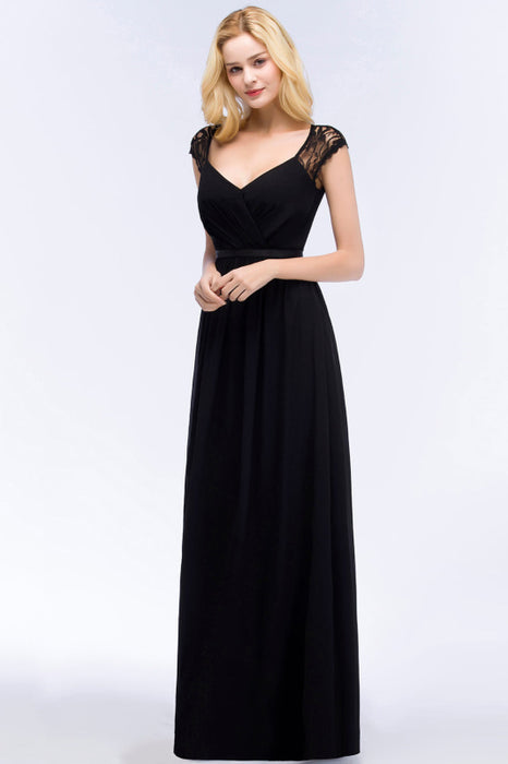 Bridelily Elegant Lace Black V-Neck Sleeveless Bridesmaid Dress with Hollowout Back