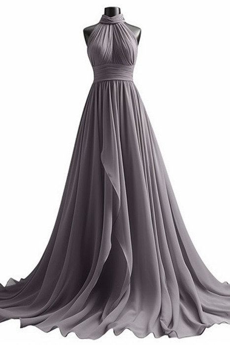 Sleeveless Halter Chiffon Prom Dress with Elegant Pleats