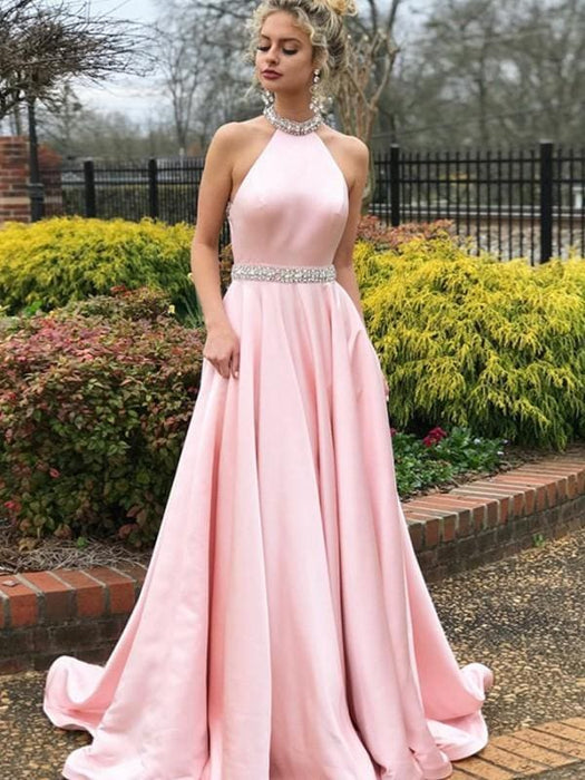 Sleeveless Halter Sweep/Brush A-line Train With Beading Satin Dresses - Prom Dresses