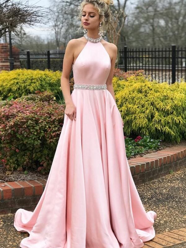 Sleeveless Halter Sweep/Brush A-line Train With Beading Satin Dresses - Prom Dresses