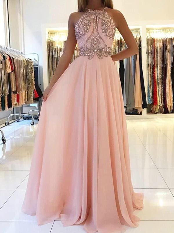 Sleeveless Halter Sweep/Brush Train With Beading Chiffon Dresses - Prom Dresses