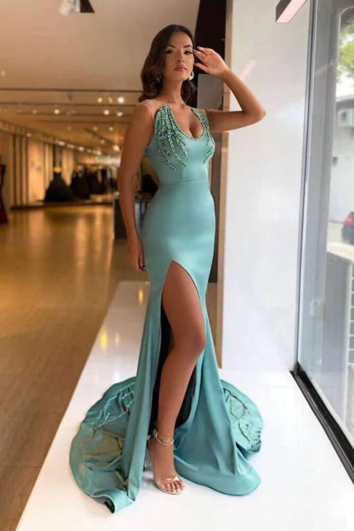 Sleeveless Long Beaded Mermaid Prom Dress with Split