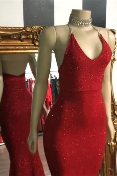 Sleeveless Red Mermaid Prom Dress with Sequins